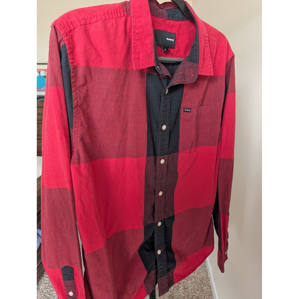 Hurley Mens Red Black Buffalo Plaid Long Sleeve Button Down Shirt Size L